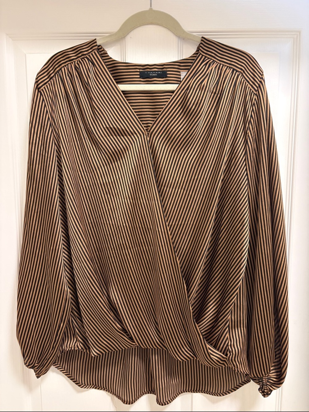 T Tahari Brown and Black Striped Wrap-Front Blouse